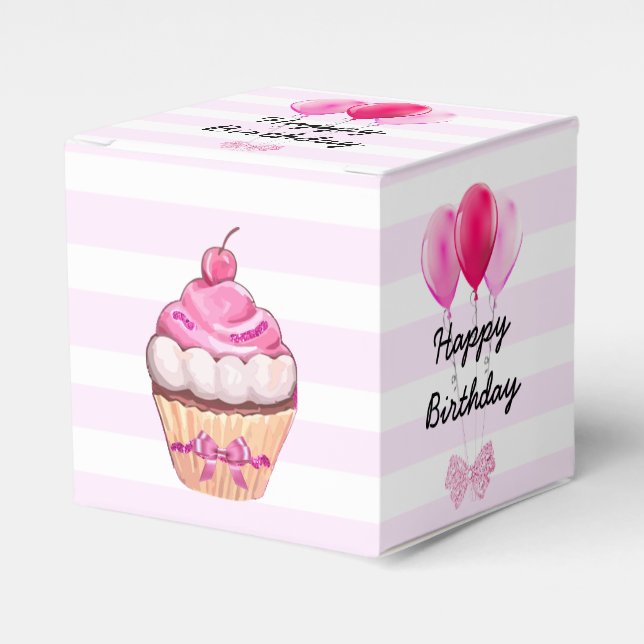 Happy Birthday Pink Cherry Cupcake with Bows Box (Front Side)