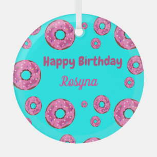 Happy Birthday pink cream doughnuts blue Glass Tree Decoration