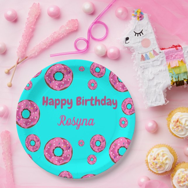 Happy Birthday pink cream doughnuts blue Paper Plate (Party)