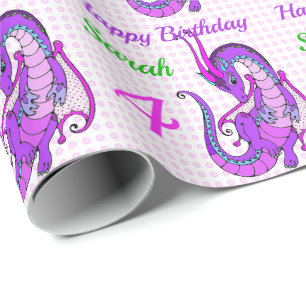 Happy Birthday Pink Dragon Girl's Name Custom Wrapping Paper