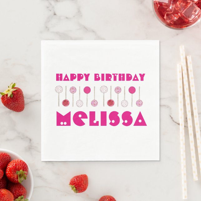 Happy Birthday Pink Frosted Cake Pops Party Favour Napkin (Insitu)