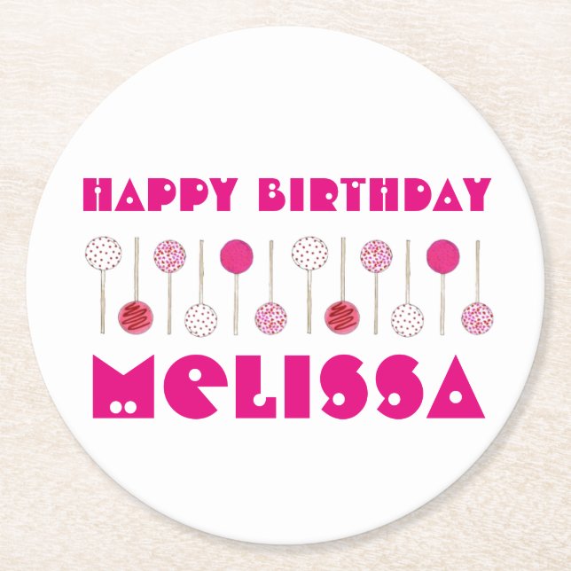 Happy Birthday Pink Frosted Cake Pops Party Favour Round Paper Coaster (Front)