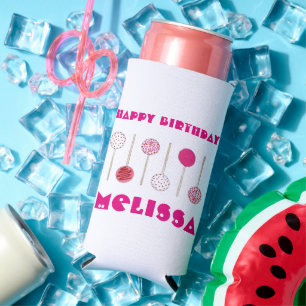 Happy Birthday Pink Frosted Cake Pops Party Favour Seltzer Can Cooler