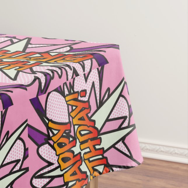 HAPPY BIRTHDAY Pink Fun Retro Comic Book Tablecloth (In Situ)