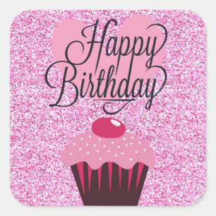 Happy Birthday Pink Glitter Cupcake Stickers