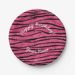 Happy Birthday pink glitter zebra stripes Paper Plate