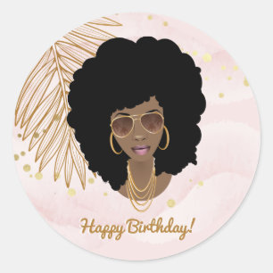 Happy Birthday, Pink & Gold, Tropical, Black Woman Classic Round Sticker