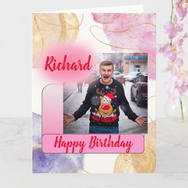 Happy Birthday Pink Gradient Modern Add Photo Name Card (Orchid)