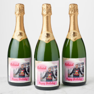 Happy Birthday Pink Gradient Modern Add Photo Name Sparkling Wine Label