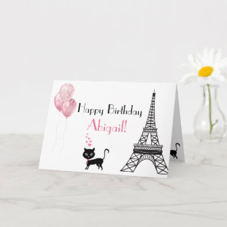 Happy Birthday Pink Heart Eiffel Tower Cat Card