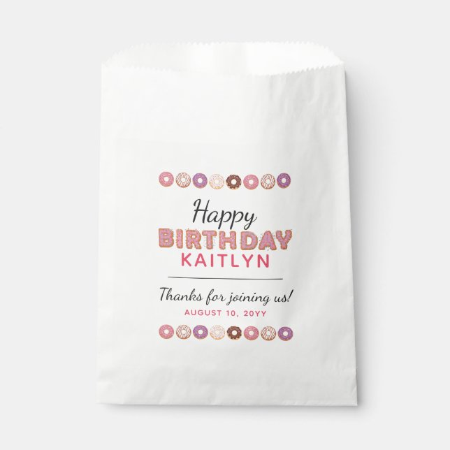 HAPPY BIRTHDAY Pink Iced Doughnuts Custom Name Par Favour Bag (Front)