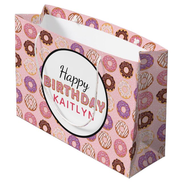 HAPPY BIRTHDAY Pink Iced Doughnuts Pattern With Na Large Gift Bag (Back Angled)