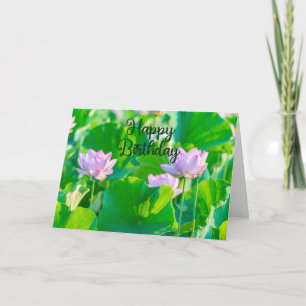 Happy Birthday Pink Lotus Flowers and Leaves Card