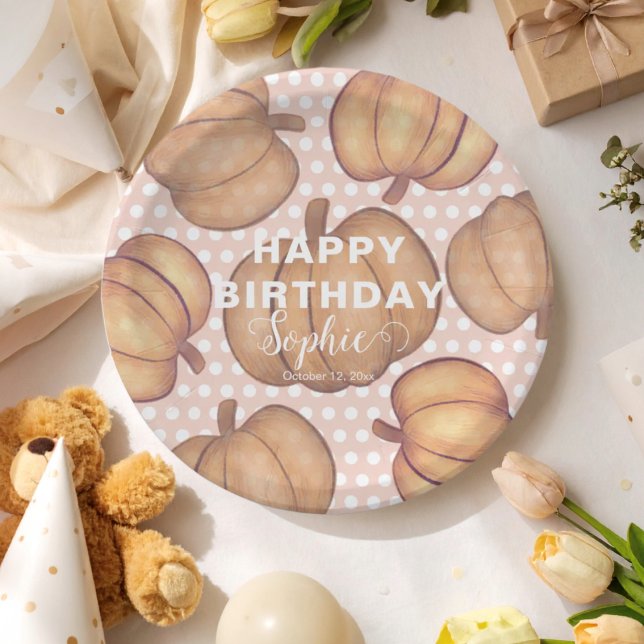 Happy Birthday Pink & Orange Pumpkin Party  Paper Plate (Creator Uploaded)