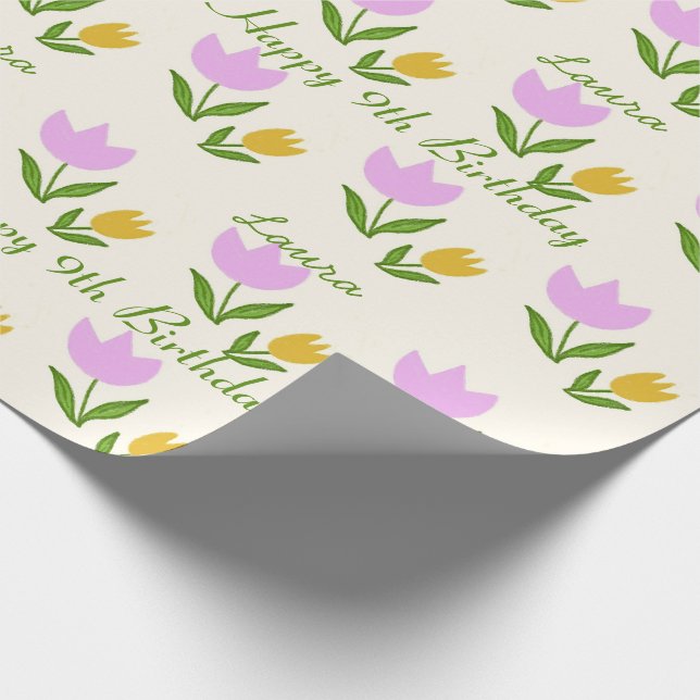 Happy Birthday Pink Orange Tulips Cute Custom Name Wrapping Paper (Corner)