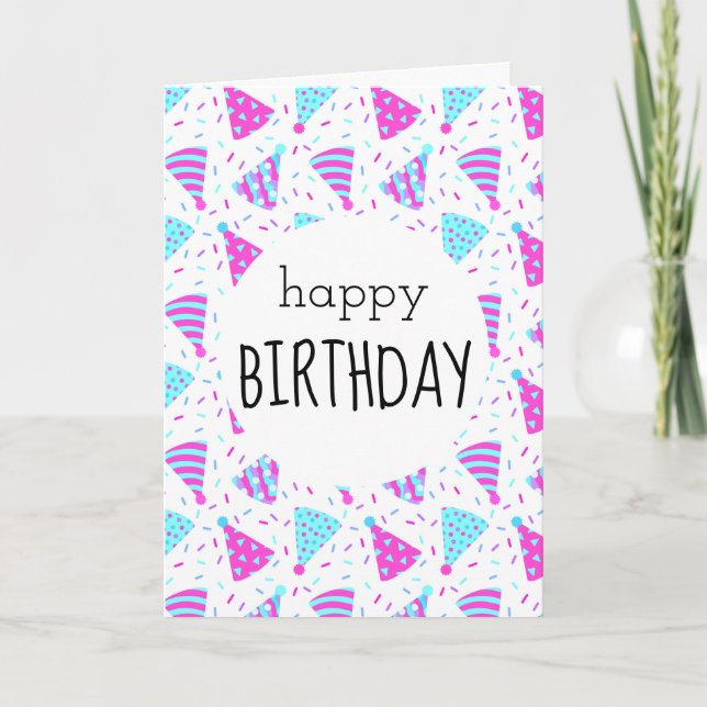Happy Birthday Pink Party Hats Card (Front)