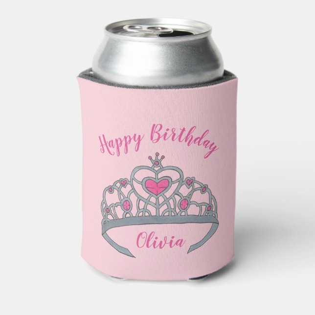 Happy Birthday Pink Princess Party Tiara Crown Can Cooler (Can Back)