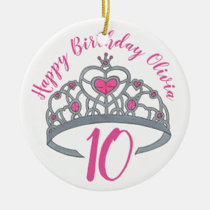 Happy Birthday Pink Princess Tiara Crown Ceramic Ornament