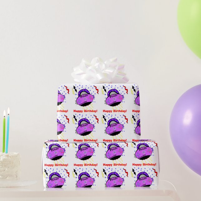 Happy Birthday Pink Purple Petals Spaceship Wrapping Paper (Party Gifts)