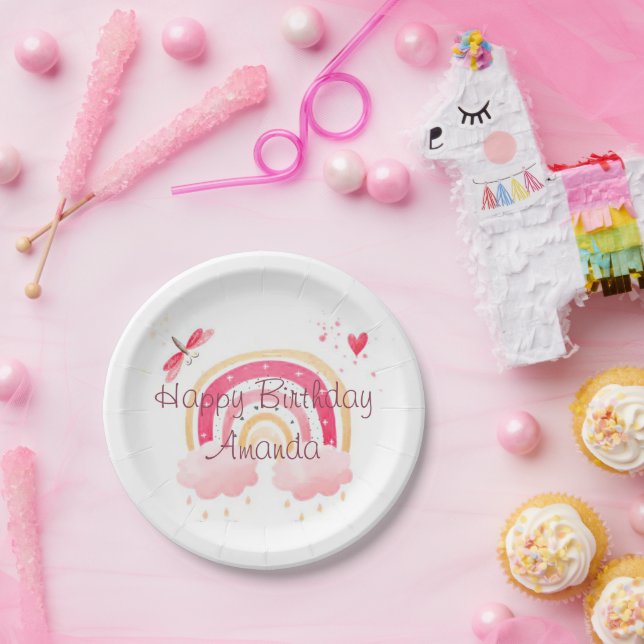 Happy Birthday pink rainbow personalised Paper Plate (Party)