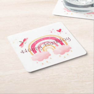 Happy Birthday pink rainbow  Square Paper Coaster