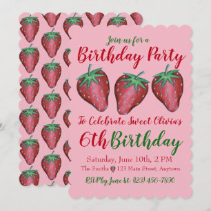 Happy Birthday Pink Red Sweet Strawberry Berries Invitation