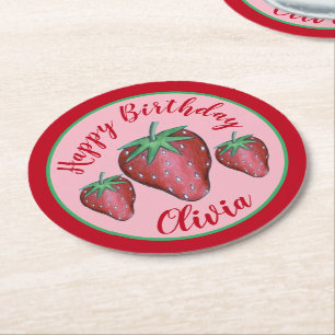 Happy Birthday Pink Red Sweet Strawberry Berries Round Paper Coaster