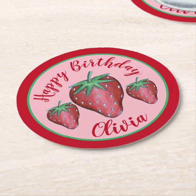 Happy Birthday Pink Red Sweet Strawberry Berries Round Paper Coaster (Angled)