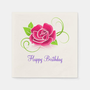 Happy Birthday Pink Rose Illustration Napkin