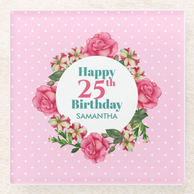 Happy Birthday Pink Rose Red White Petunia Polka Glass Coaster (Front)