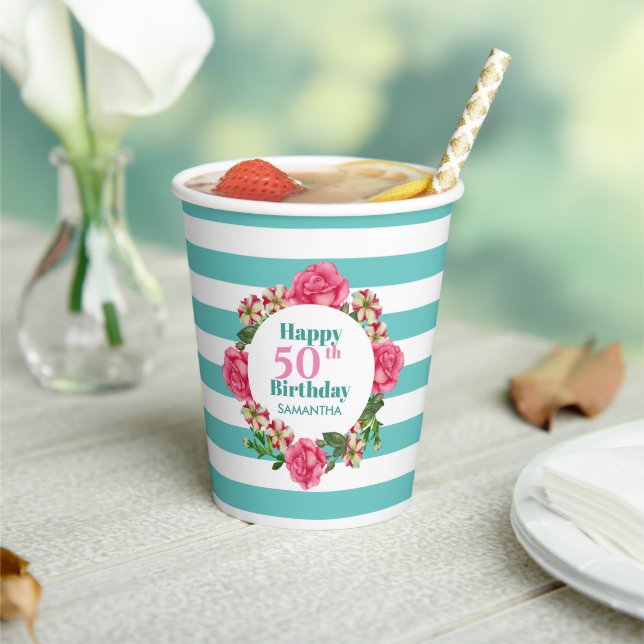 Happy Birthday Pink Rose Red White Petunia Stripes Paper Cups (Insitu)