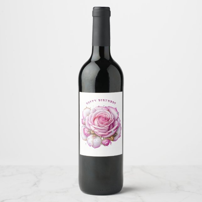 Happy Birthday Pink Roses and Sparkling Diamonds Wine Label (Front)