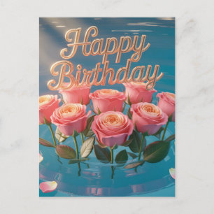 "Happy Birthday" Pink Roses on Blue Water Postcard