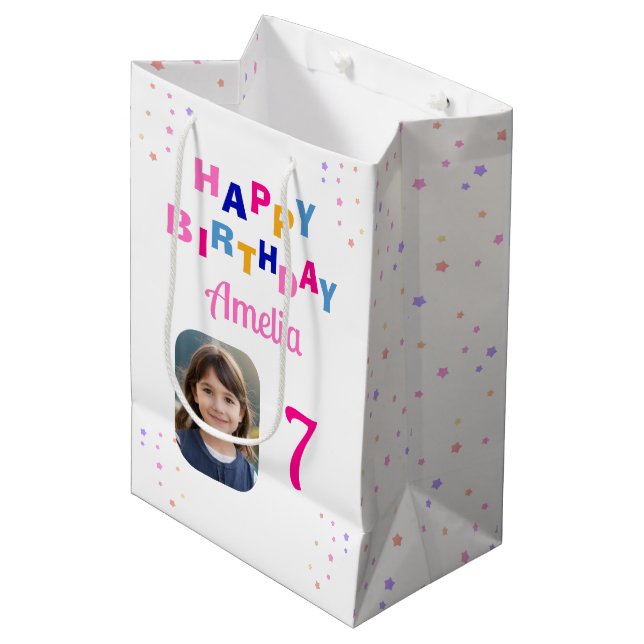 Happy Birthday Pink Stars Girl Photo Medium Gift Bag (Front Angled)