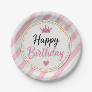 Happy Birthday Pink Striped Paper Plates