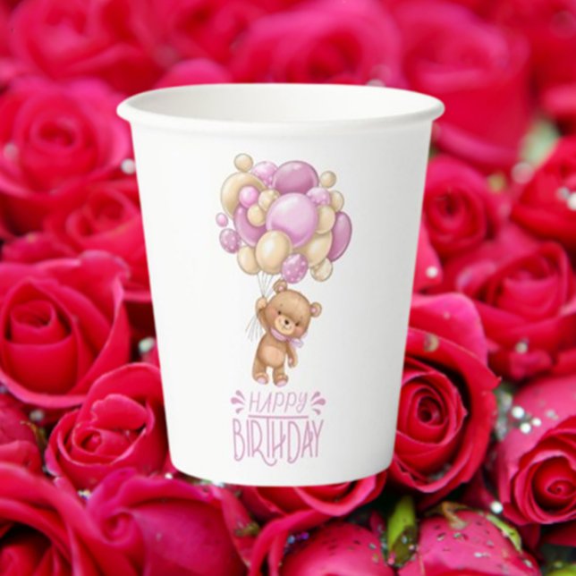 HAPPY birthday pink teddy  Paper Cups (Happy 1st Birthday to Your Sweet Girl!)