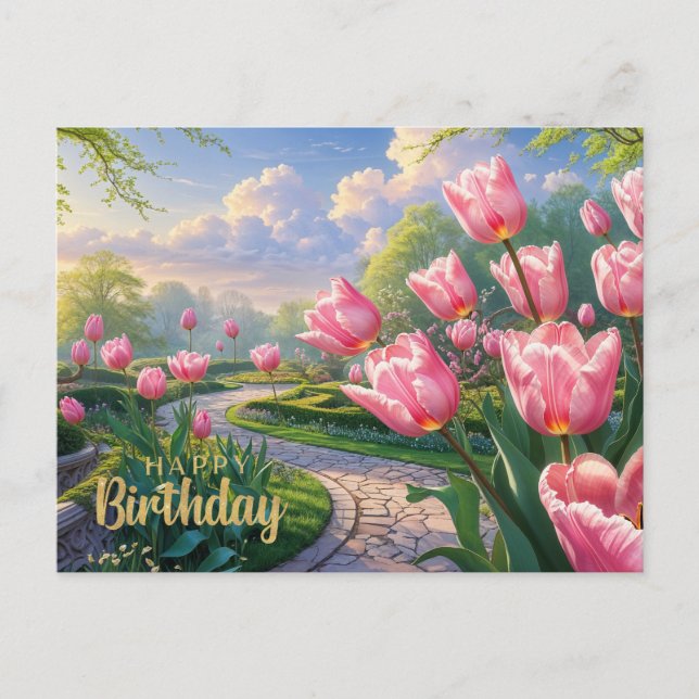 Happy Birthday Pink Tulip Garden in Spring  Postcard (Front)