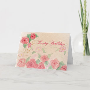 Happy Birthday Pink Victorian Rose Watercolor Art Card
