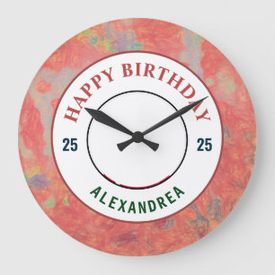 Happy Birthday Pink Watercolor Photo Personalise  Large Clock