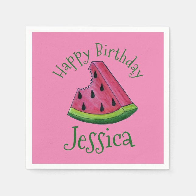 Happy Birthday Pink Watermelon Slice Fruit Picnic Napkin (Front)