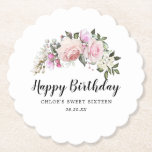 Happy Birthday Pink White Floral Paper Coaster<br><div class="desc">Elegant pink rose floral wedding paper coaster. Pink roses and white hydrangea flowers are nestled in soft sage green leaves. They form a spray at the top of the coaster design. Happy Birthday is written in a lovely and popular script. All of the text can be easily changed. This paper...</div>