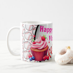 Happy Birthday Pink & White Stripe Baseball Coffee Mug