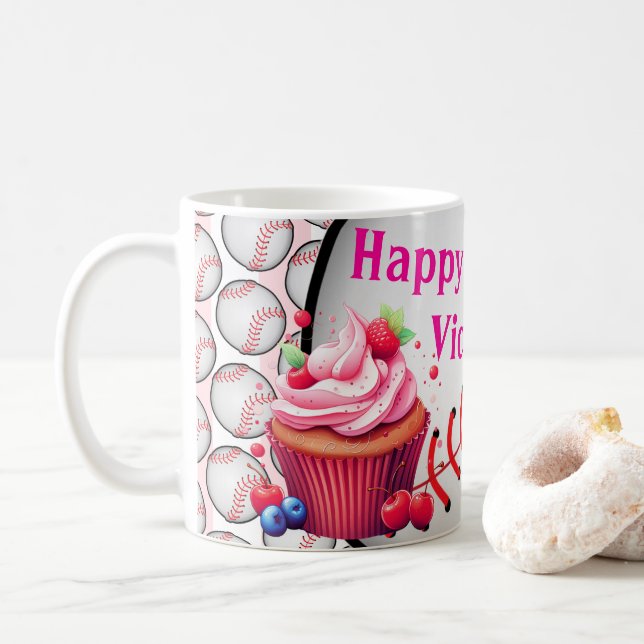 Happy Birthday Pink & White Stripe Baseball Coffee Mug (With Donut)