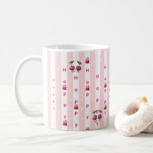 Happy Birthday Pink & White Stripe  Coffee Mug