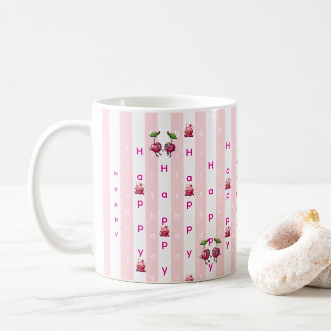 Happy Birthday Pink & White Stripe  Coffee Mug (With Donut)
