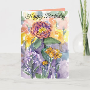 Happy Birthday Pink Zinnias Watercolor Garden Card