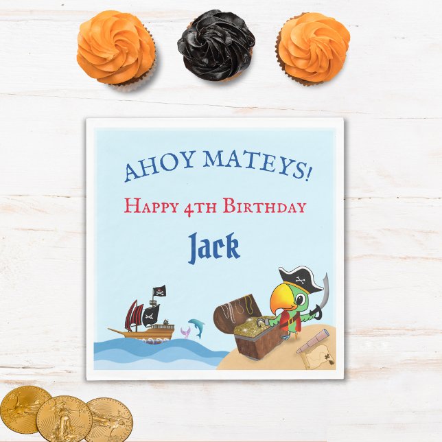 Happy Birthday Pirate Parrot And Ship Paper Napkin (Creator Uploaded)