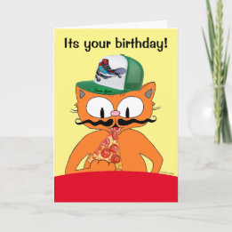 Happy Birthday Pizza Party Cartoon Cat Funny Card