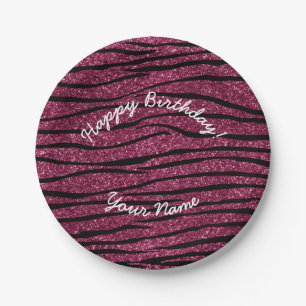 Happy Birthday plum purple glitter zebra stripes Paper Plate