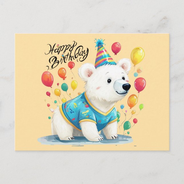 Happy Birthday Polar Bear Balloons Party Art Postcard (Front)